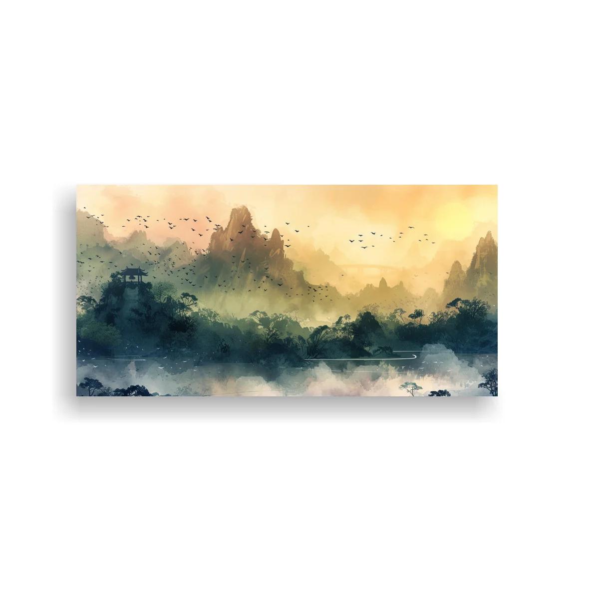 Cuadro paisaje de montañas con lago y bruma