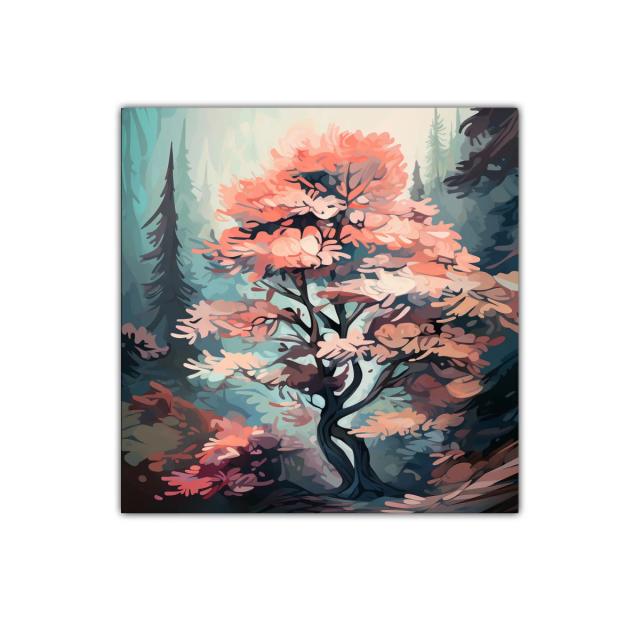 Árbol de tonos cálidos en bosque de ensueño y misterio