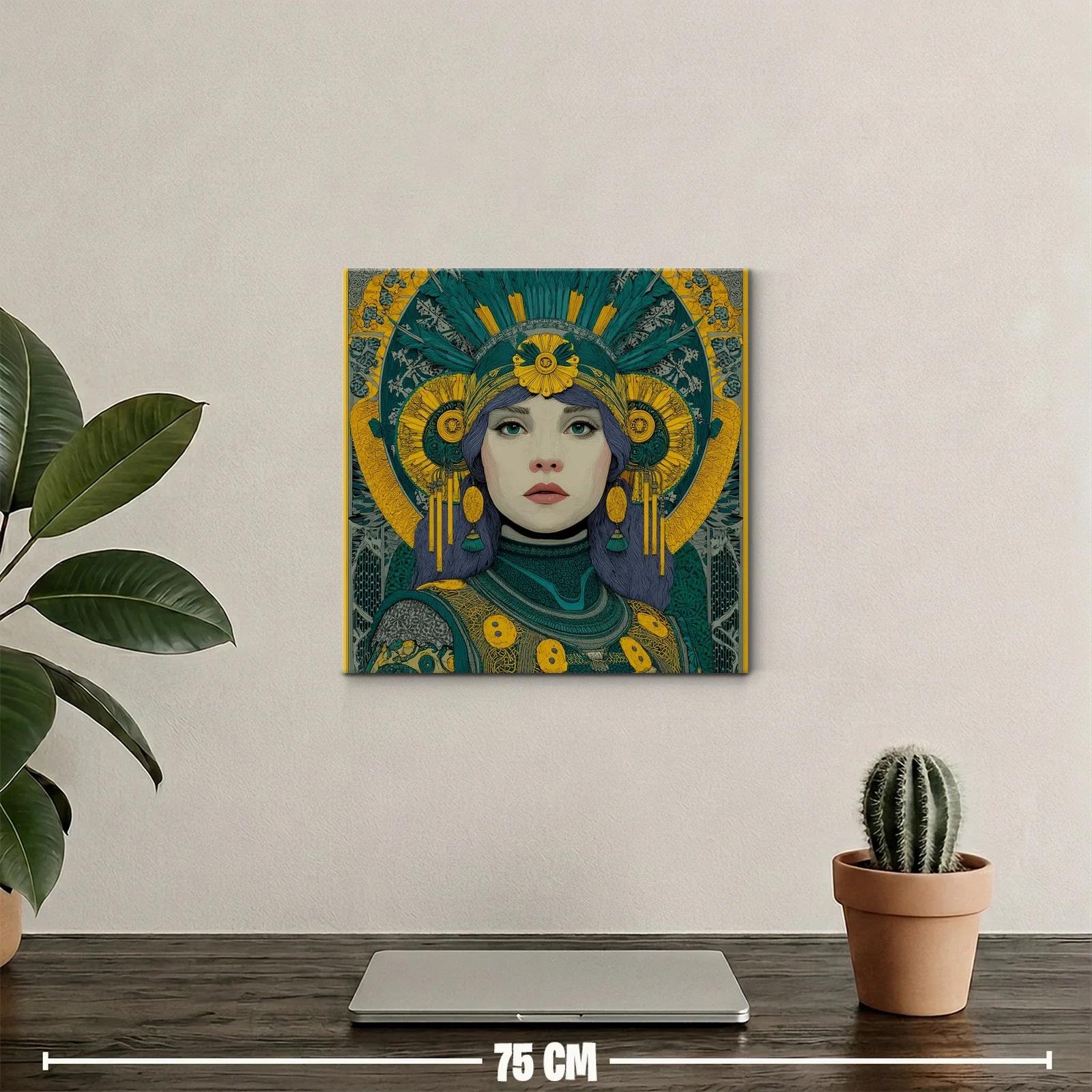 Retrato femenino con detalles ornamentales en tonos verdes y amarillos — miniatura 2