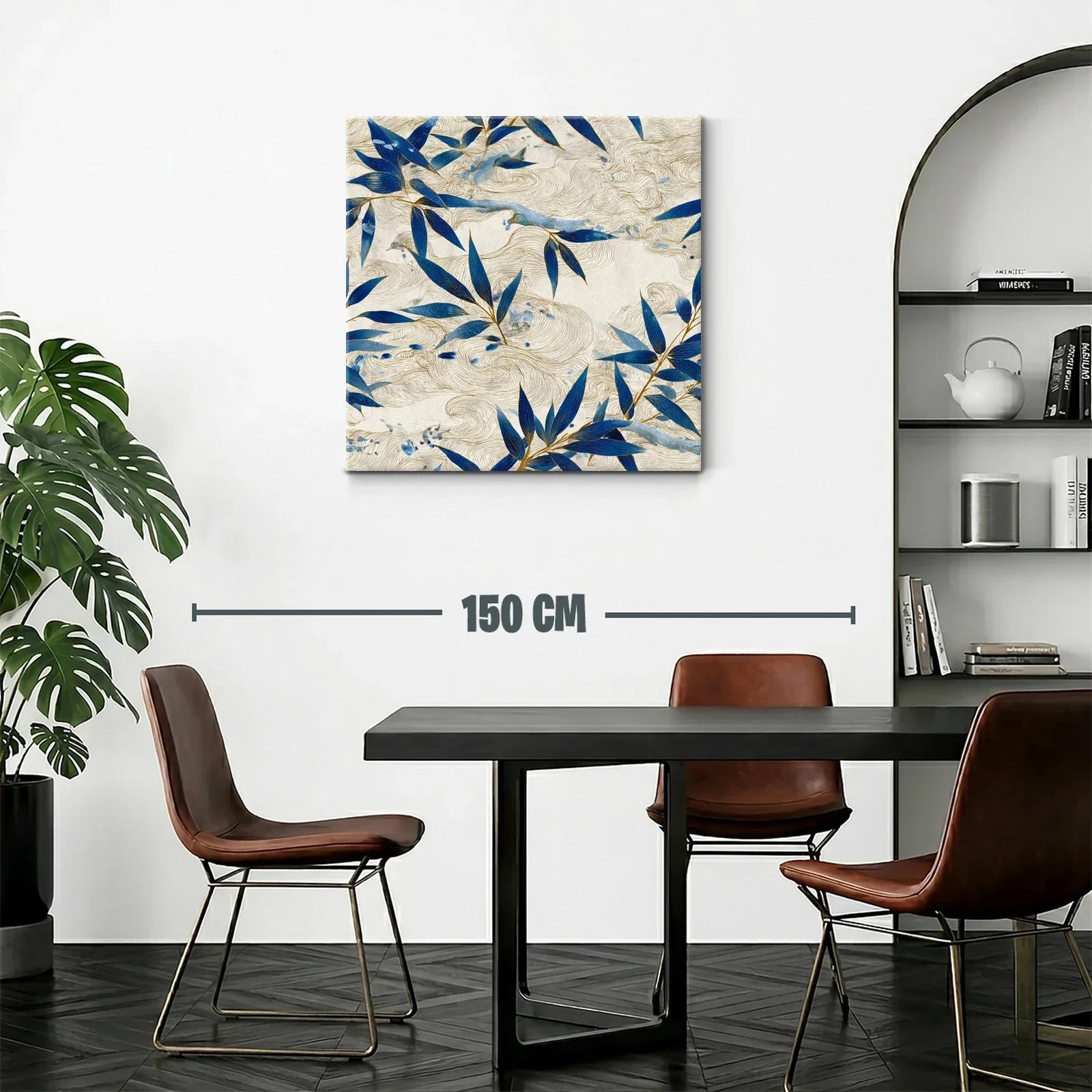 Cuadro con hojas azules y trazos dorados sobre fondo beige — miniatura 2