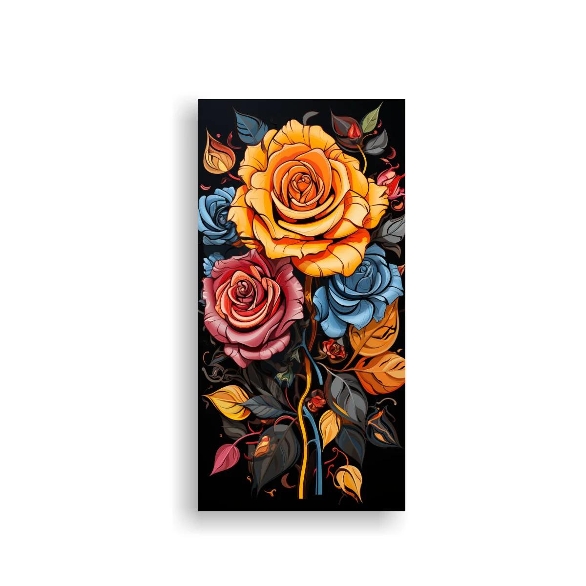 Cuadro rosa naranja con flores azules y fondo negro