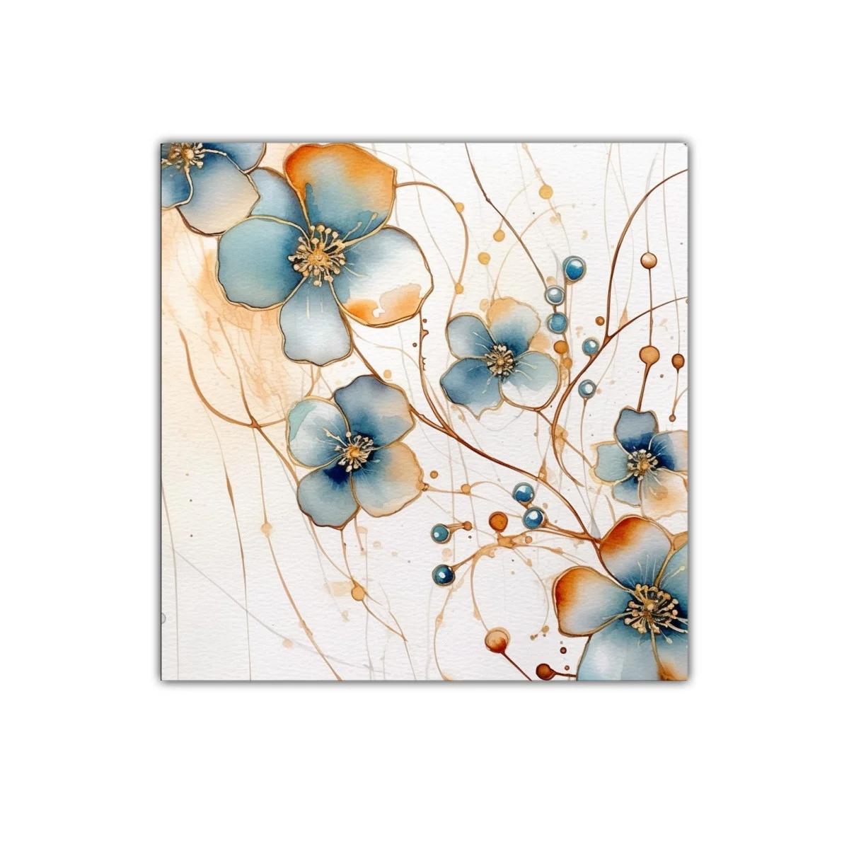 Cuadro decorativo flores azules con detalles dorados