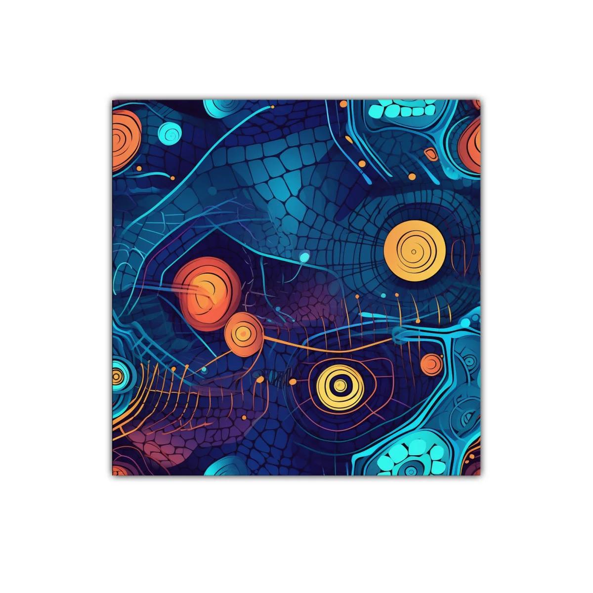 Cuadro abstracto con formas circulares en tonos azules y naranjas