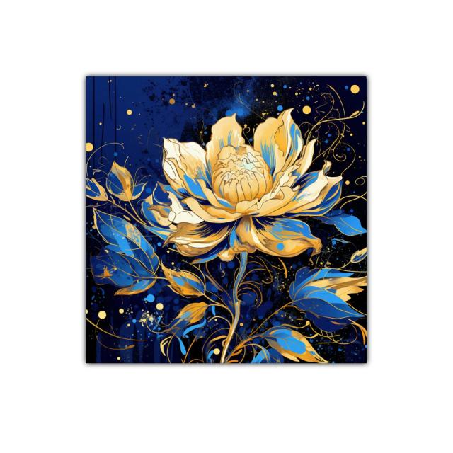 Flor dorada y azul sobre fondo oscuro con estilo elegante