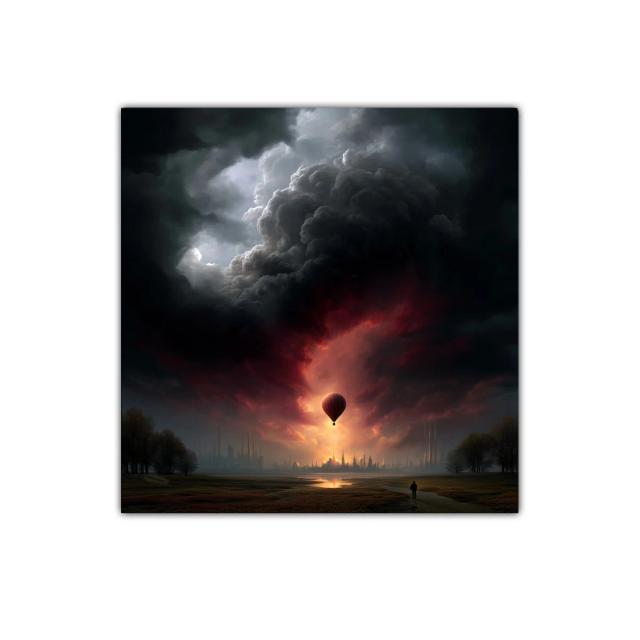 Globero solitario contra cielo dramático al atardecer