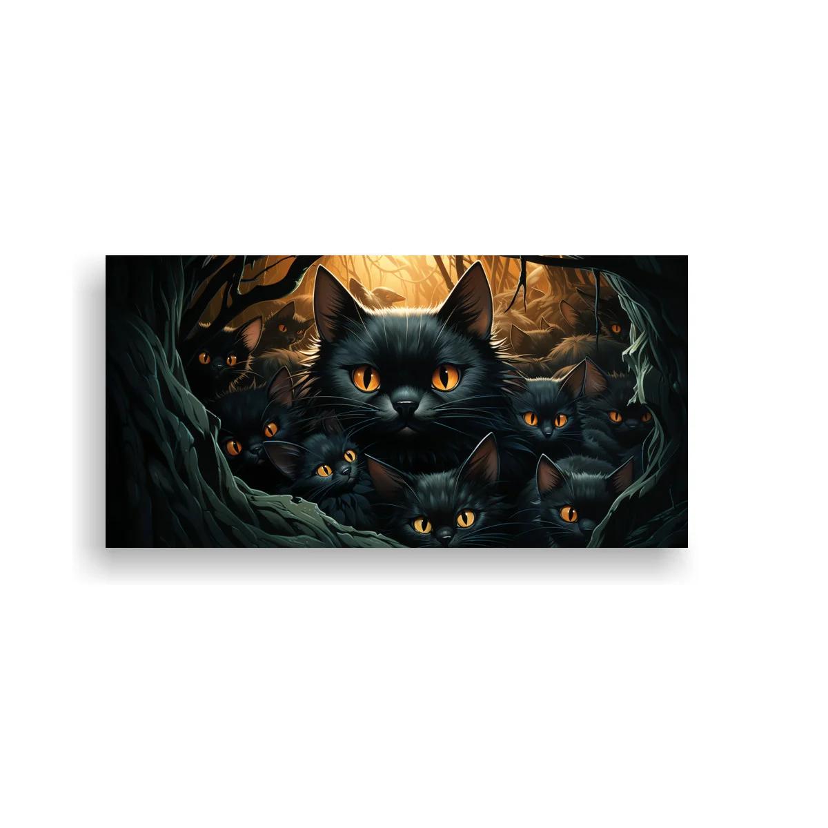 Cuadro gatos negros con ojos ámbar y gato principal en penumbra