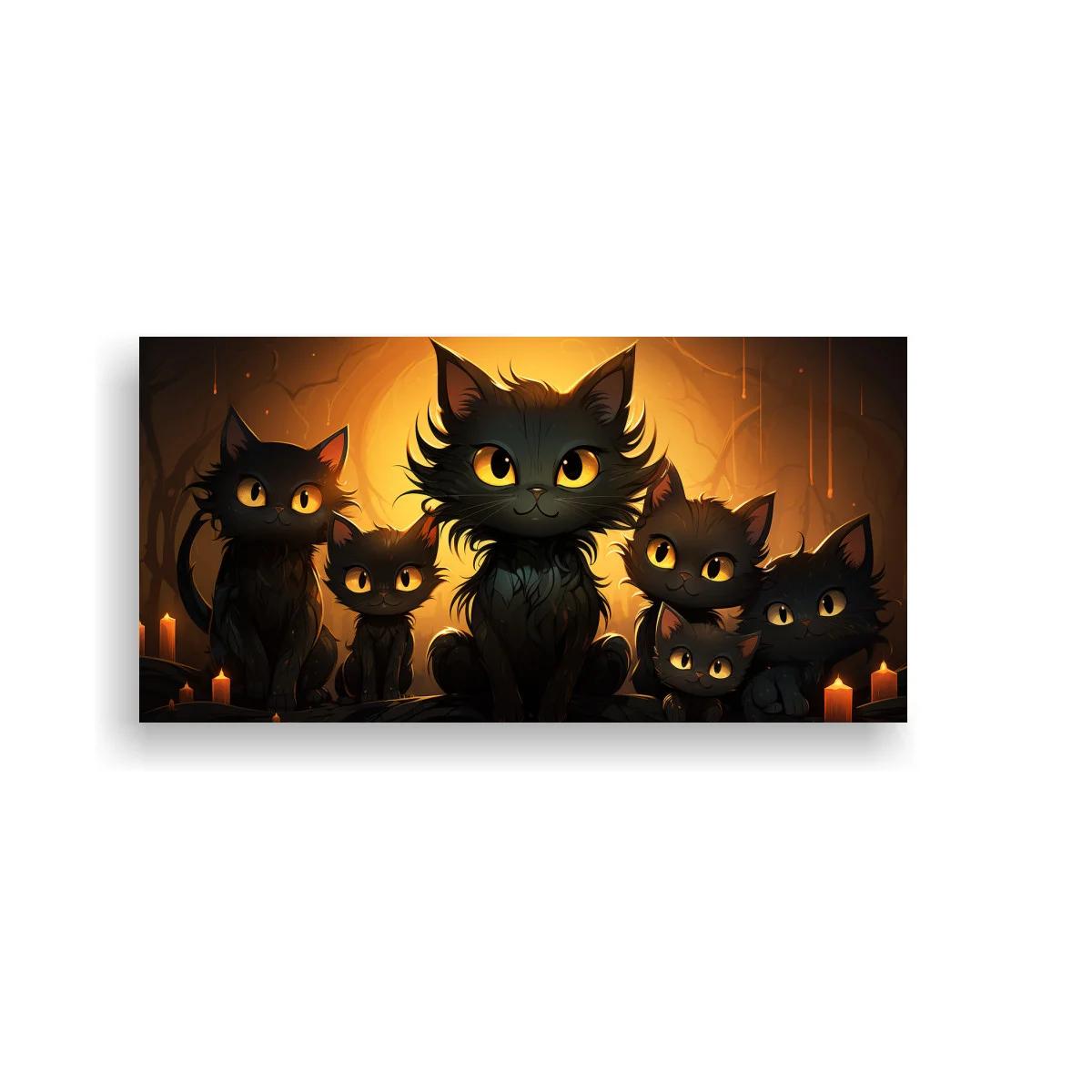 Cuadro gatitos negros con velas en cueva oscura