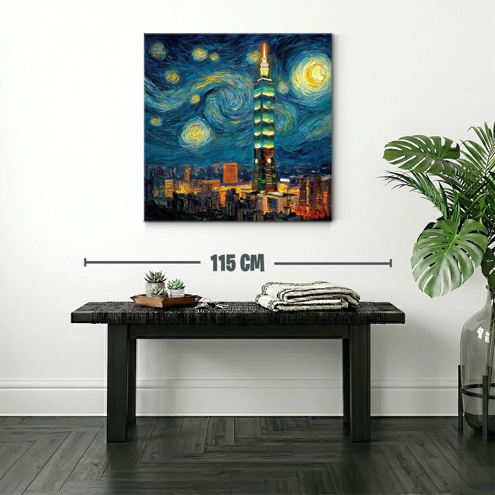 Ciudad nocturna vibrante con torre iluminada al estilo Van Gogh — miniatura 2