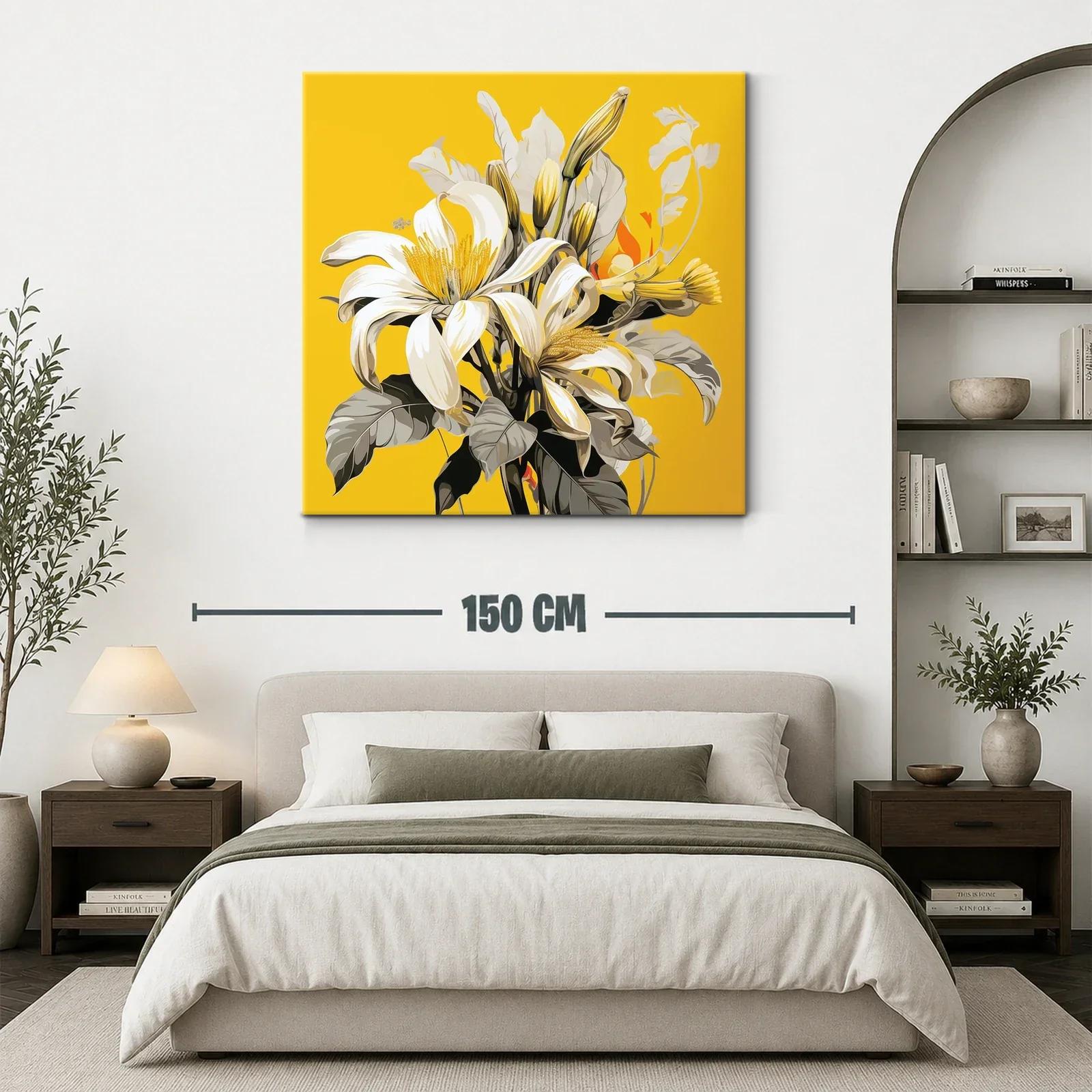 Cuadro floral con lirios blancos sobre fondo amarillo vibrante — miniatura 3