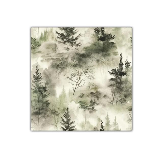 Cuadro de bosque brumoso con tonos verdes suaves