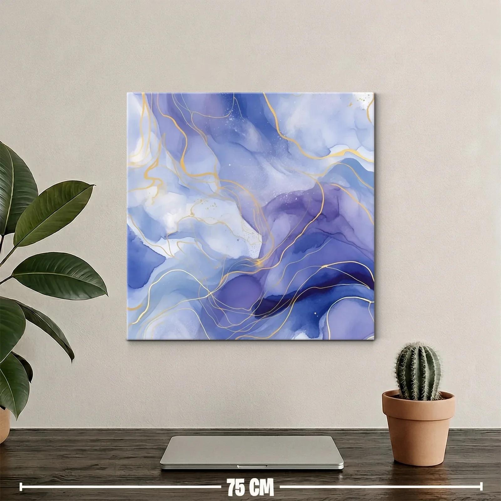 Cuadro abstracto con tonos azules y detalles dorados fluidos — miniatura 2