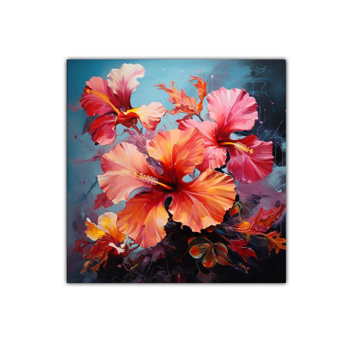 Cuadro floral con vibrantes tonos cálidos y fondo azul