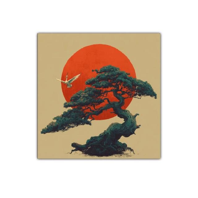 Elegancia y serenidad en un bonsái con sol naciente rojo