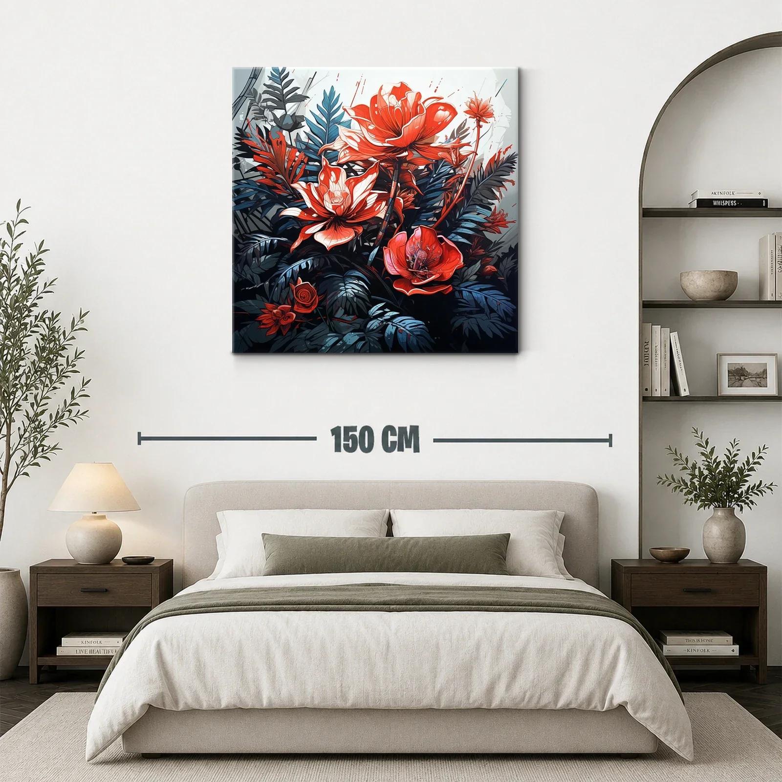 Cuadro vibrante con flores rojas y hojas azuladas — miniatura 3