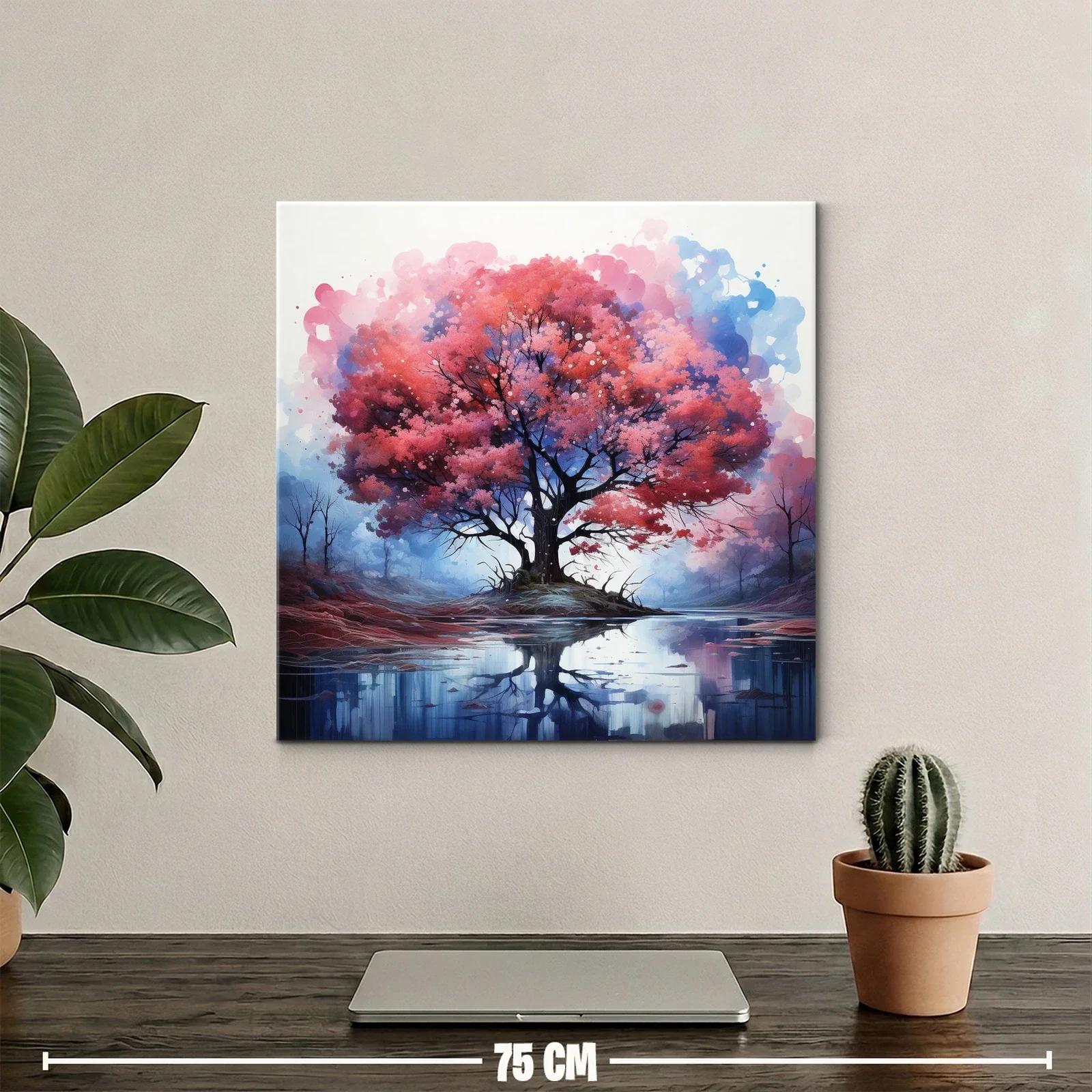 Árbol rojo reflejado en lago sereno con tonos azules — miniatura 2