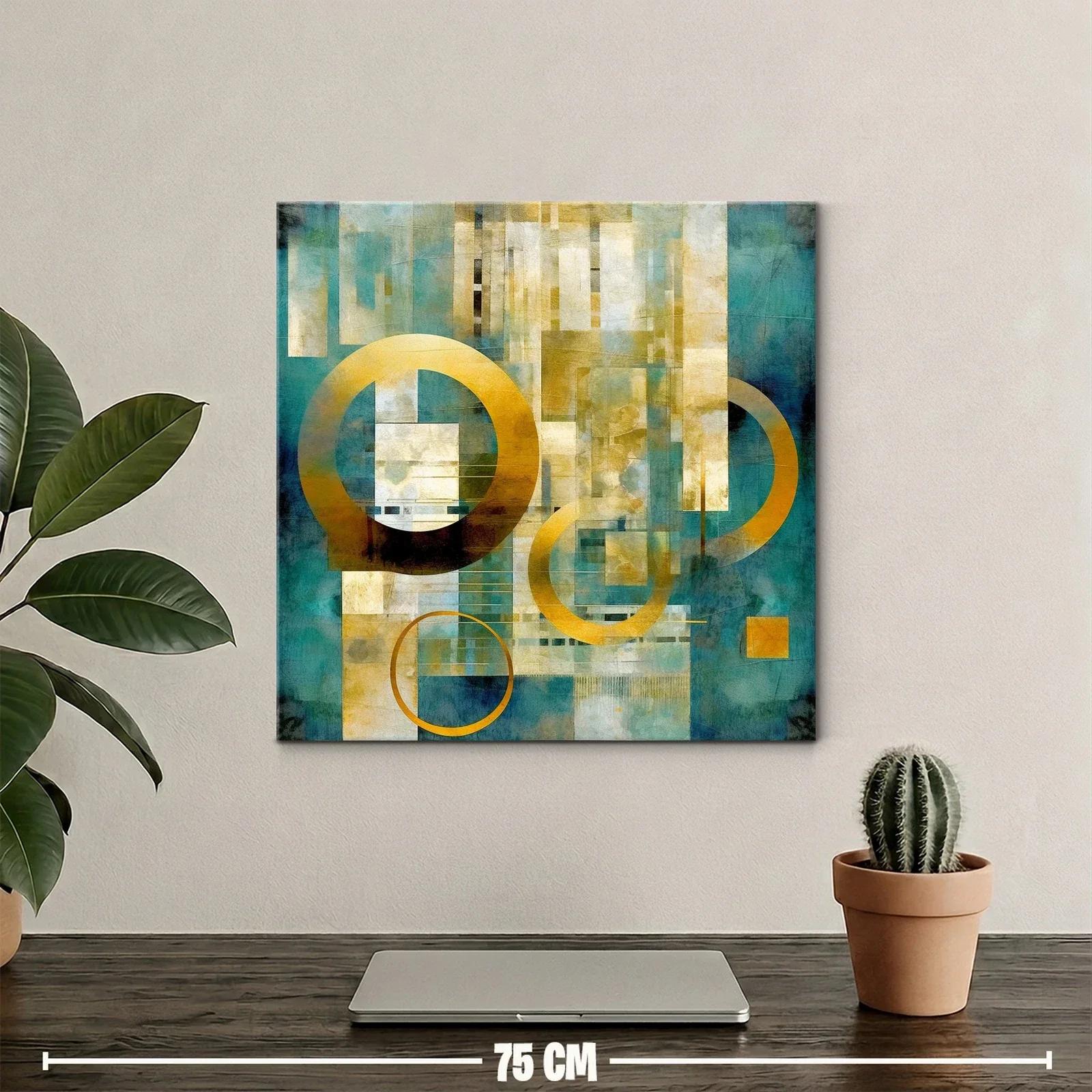Cuadro abstracto moderno en tonos dorados y turquesa — miniatura 2