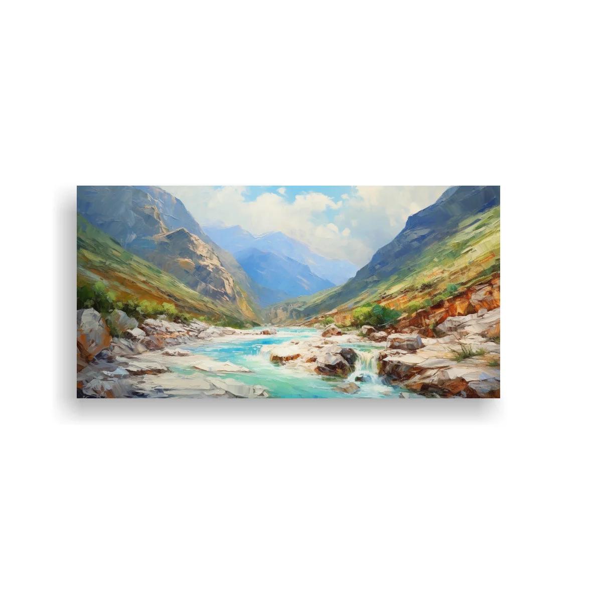 Cuadro río de montaña con valle verde y aguas turquesa