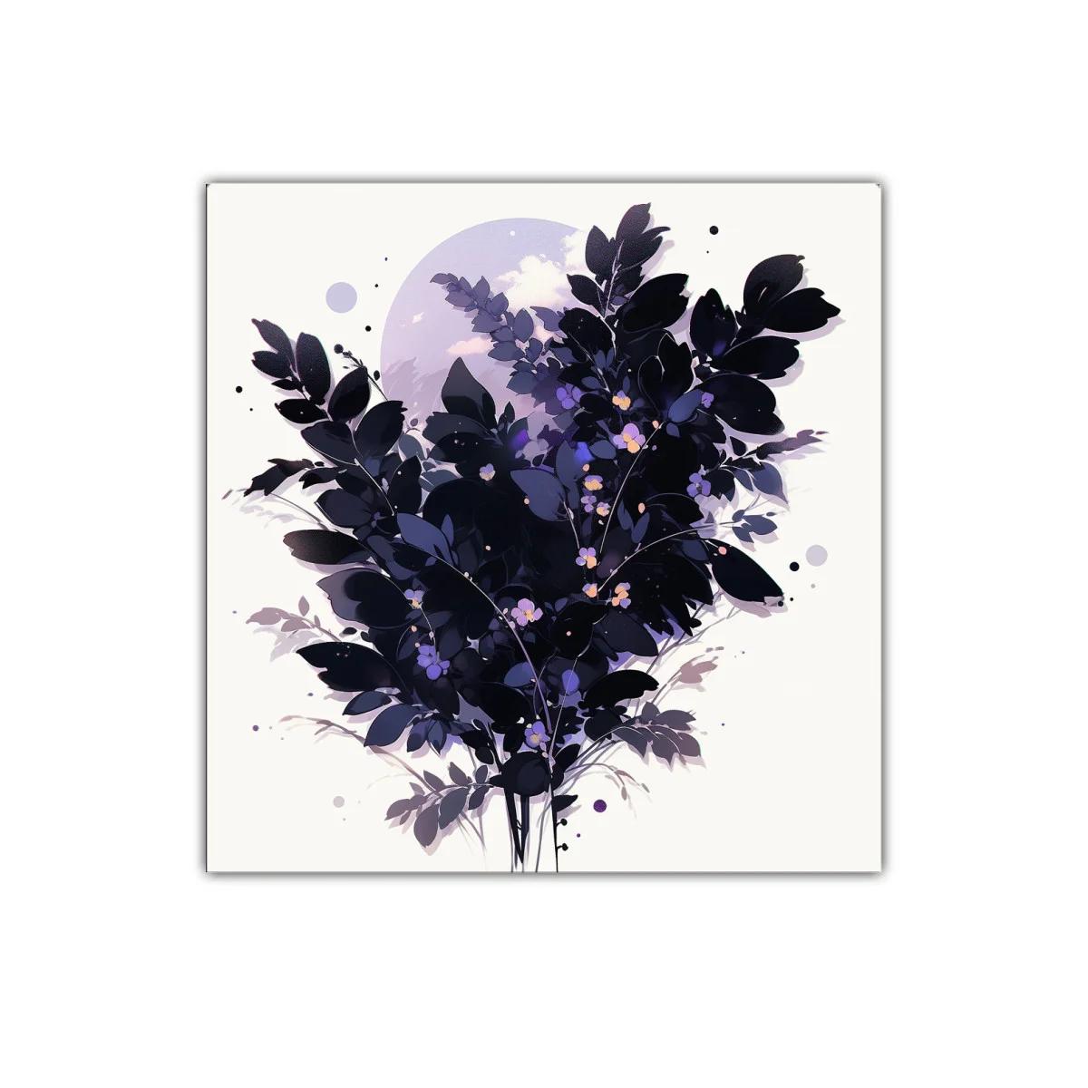 Composición floral con hojas oscuras y detalles violetas — imagen principal