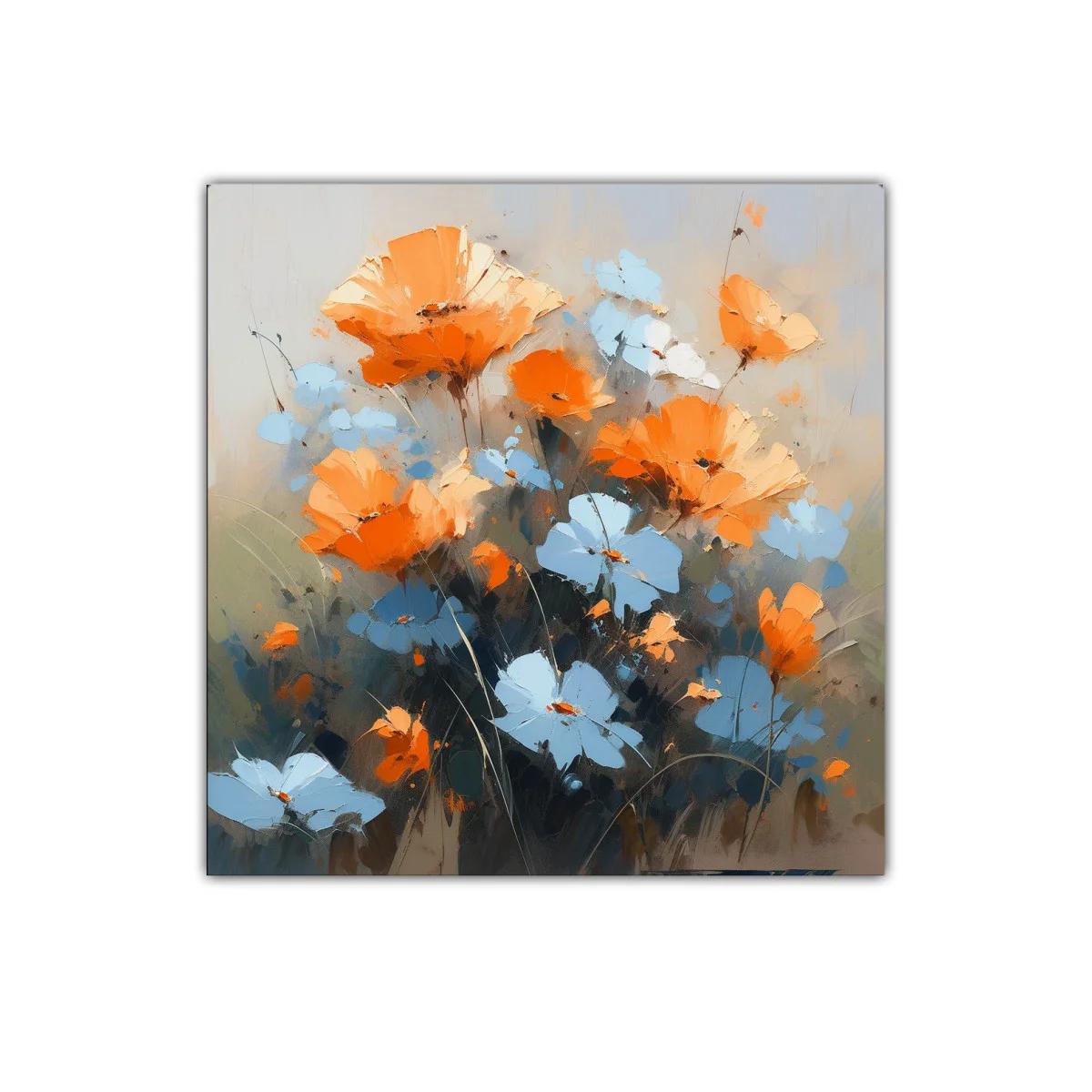 Cuadro moderno con flores naranjas y azules vibrantes