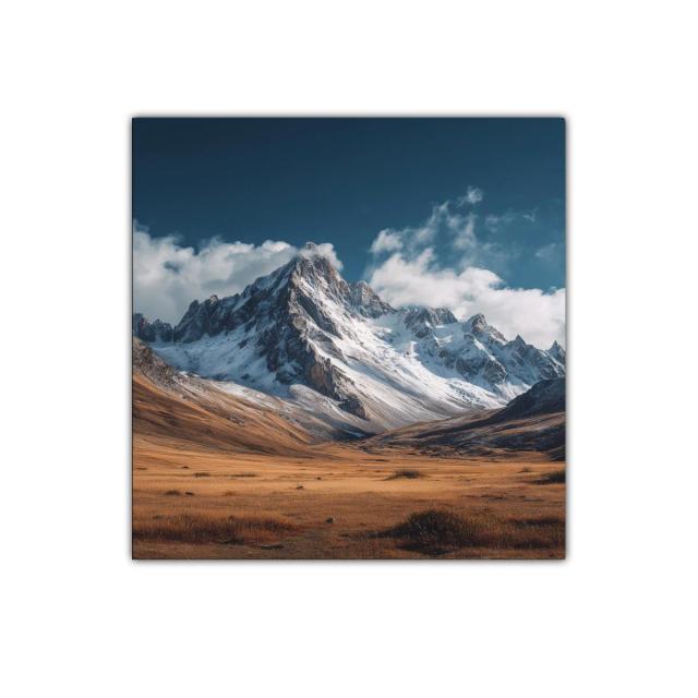 Montañas nevadas con cielo azul y pradera dorada
