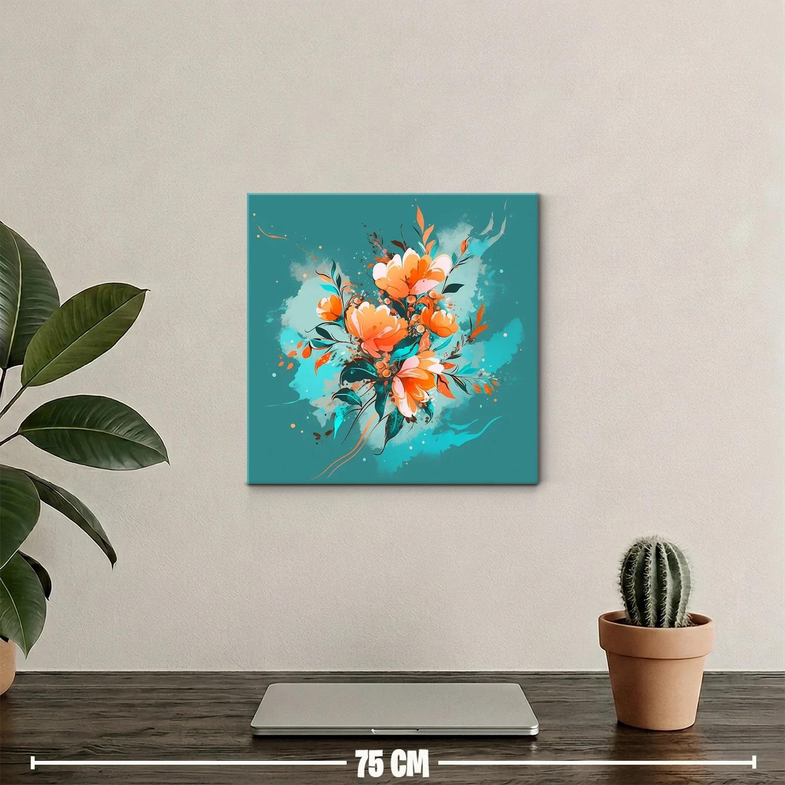 Cuadro Floral con tonos cálidos y fondo turquesa vibrante — miniatura 2