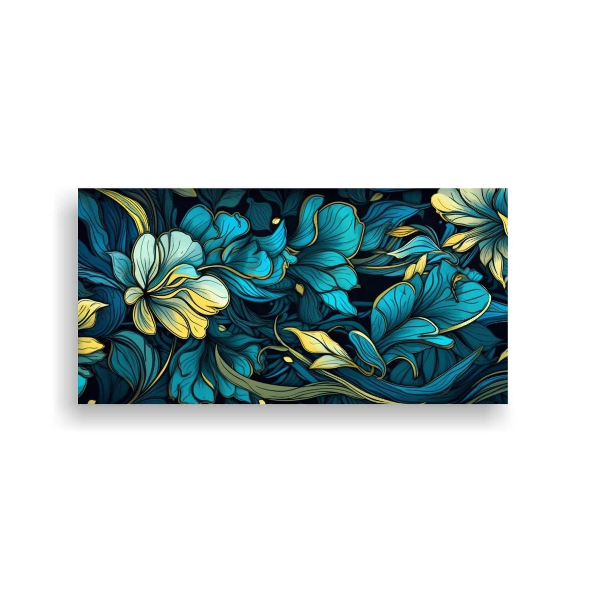 Cuadro flores tropicales azules con líneas fluidas y dorado — imagen principal