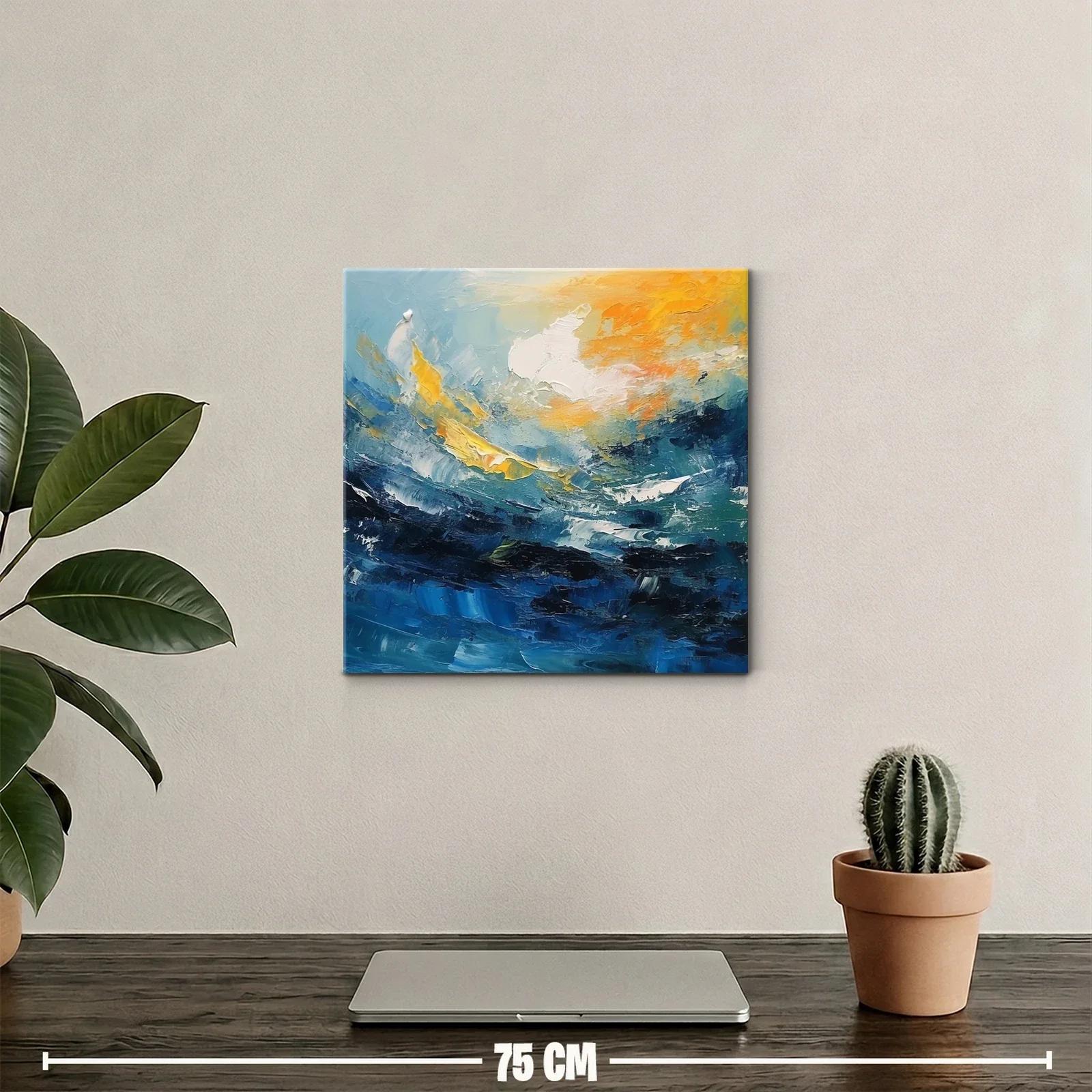 Cuadro abstracto con dinámicas olas y cielo en tonos cálidos — miniatura 2