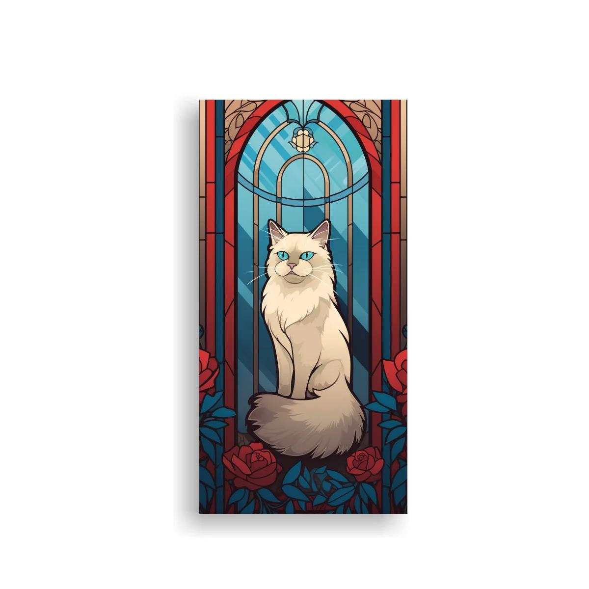 Cuadro gato blanco de pelo largo entre rosas rojas y arco ornamental