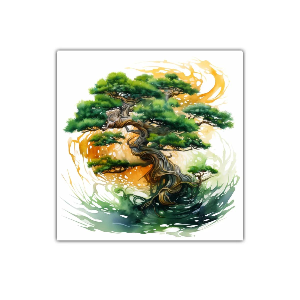 Cuadro decorativo con árbol bonsái en tonos verdes y dorados — imagen principal