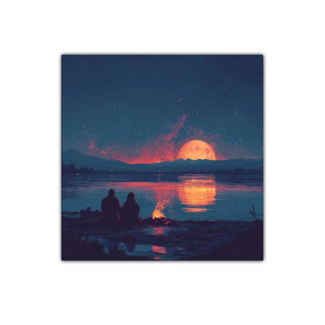Atardecer romántico con luna llena sobre el lago tranquilo