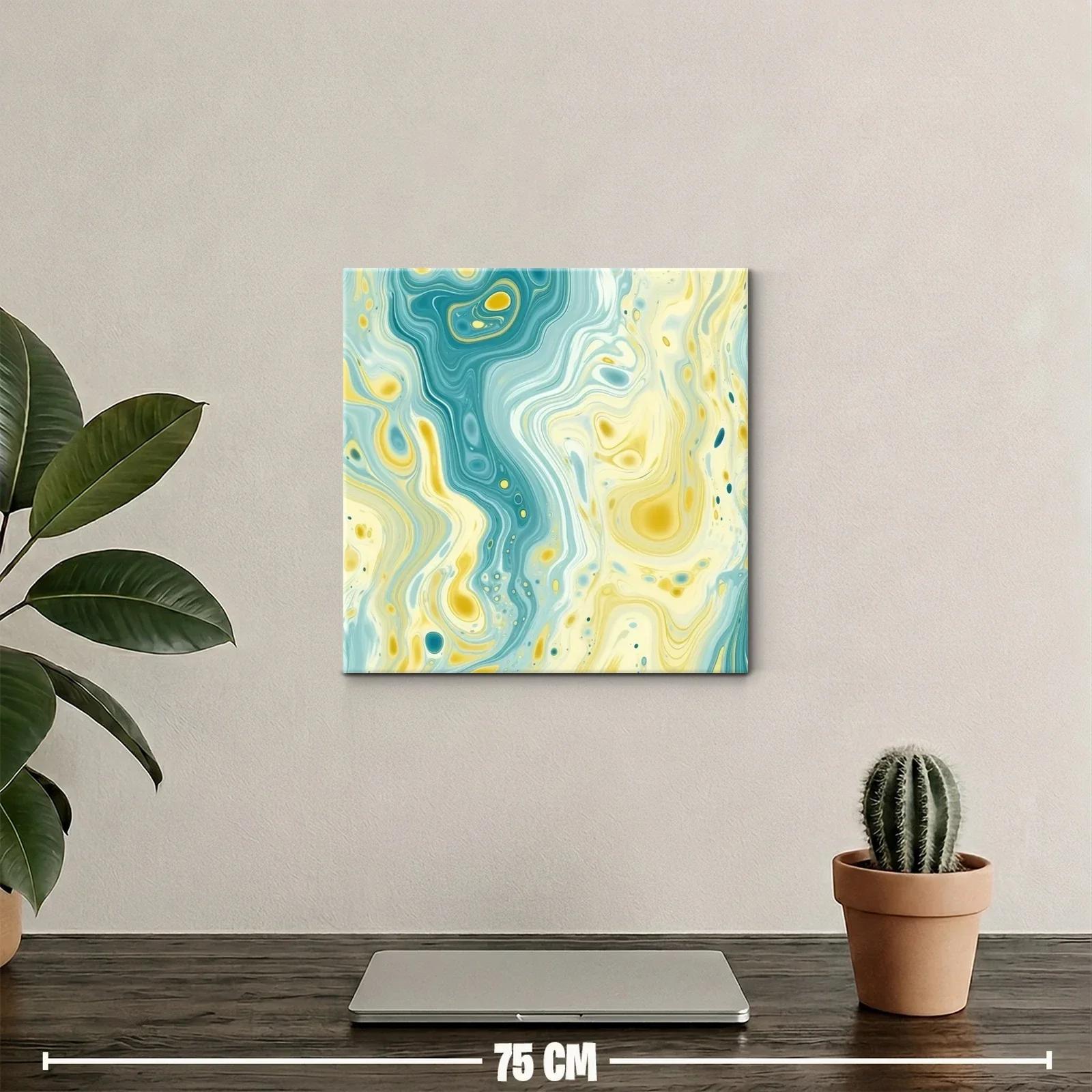 Cuadro abstracto con fluidas formas y tonos aqua y amarillo — miniatura 2