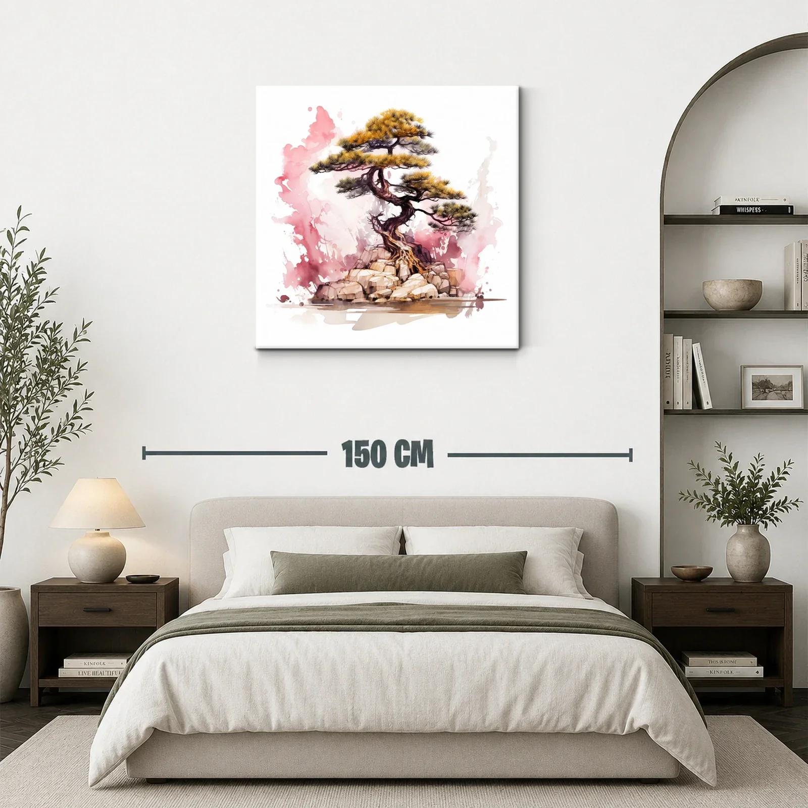 Árbol bonsái sobre rocas con fondo acuarelado rosa — miniatura 3