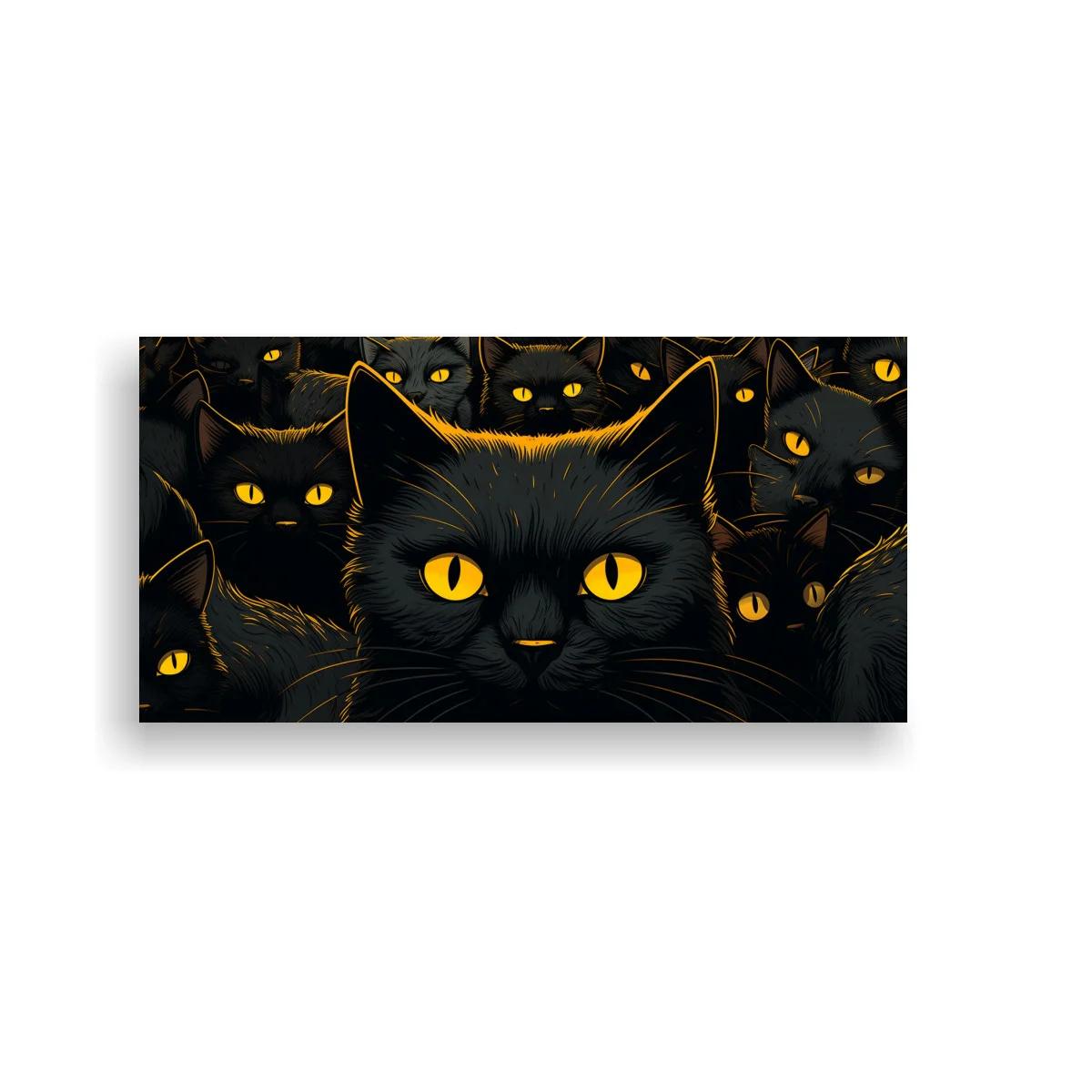 Cuadro gato negro de ojos amarillos entre sombras oscuras