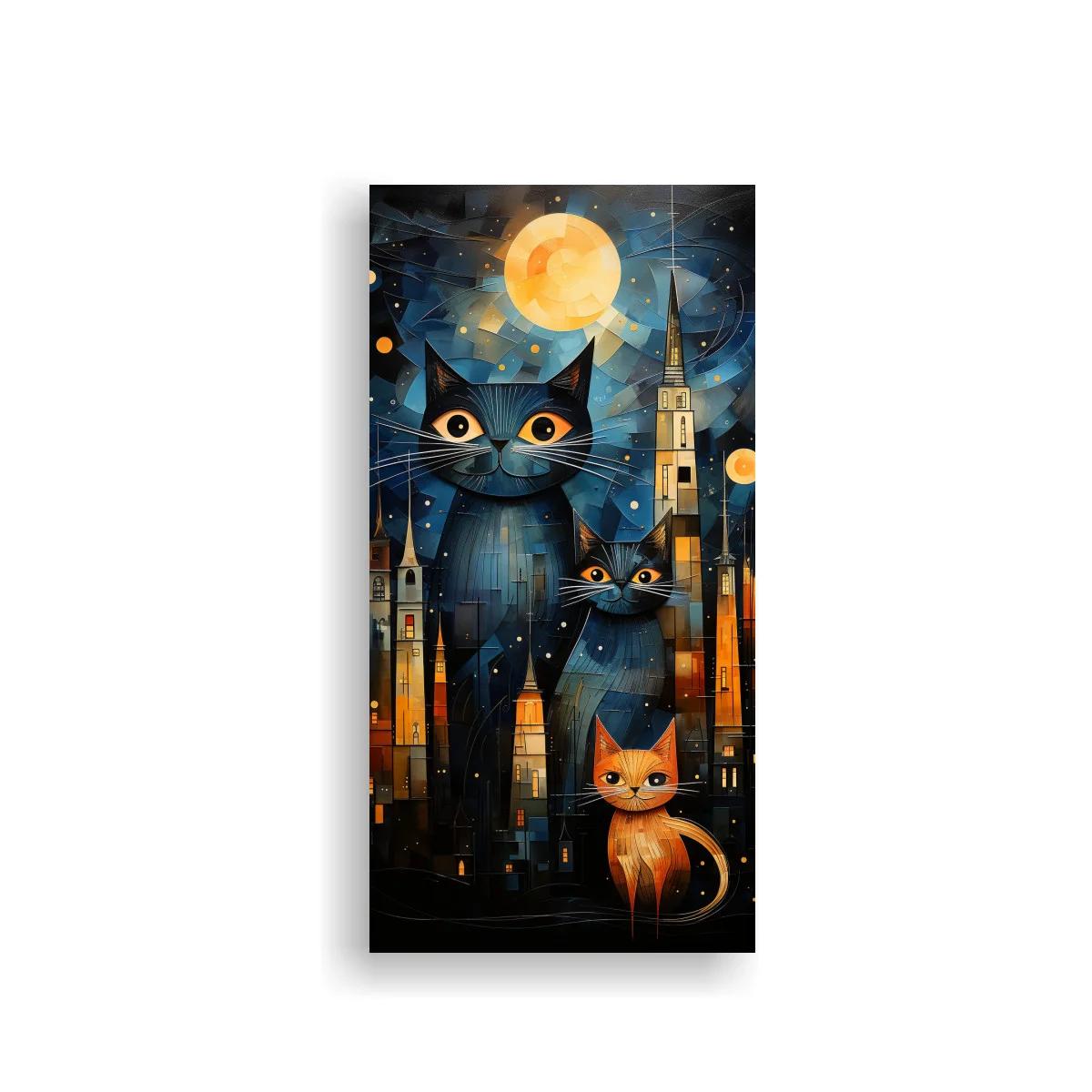 Cuadro tres gatos negros y naranja bajo la luna