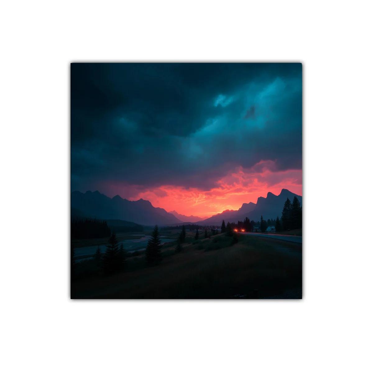 Atardecer dramático en paisaje montañoso y bosque — imagen principal