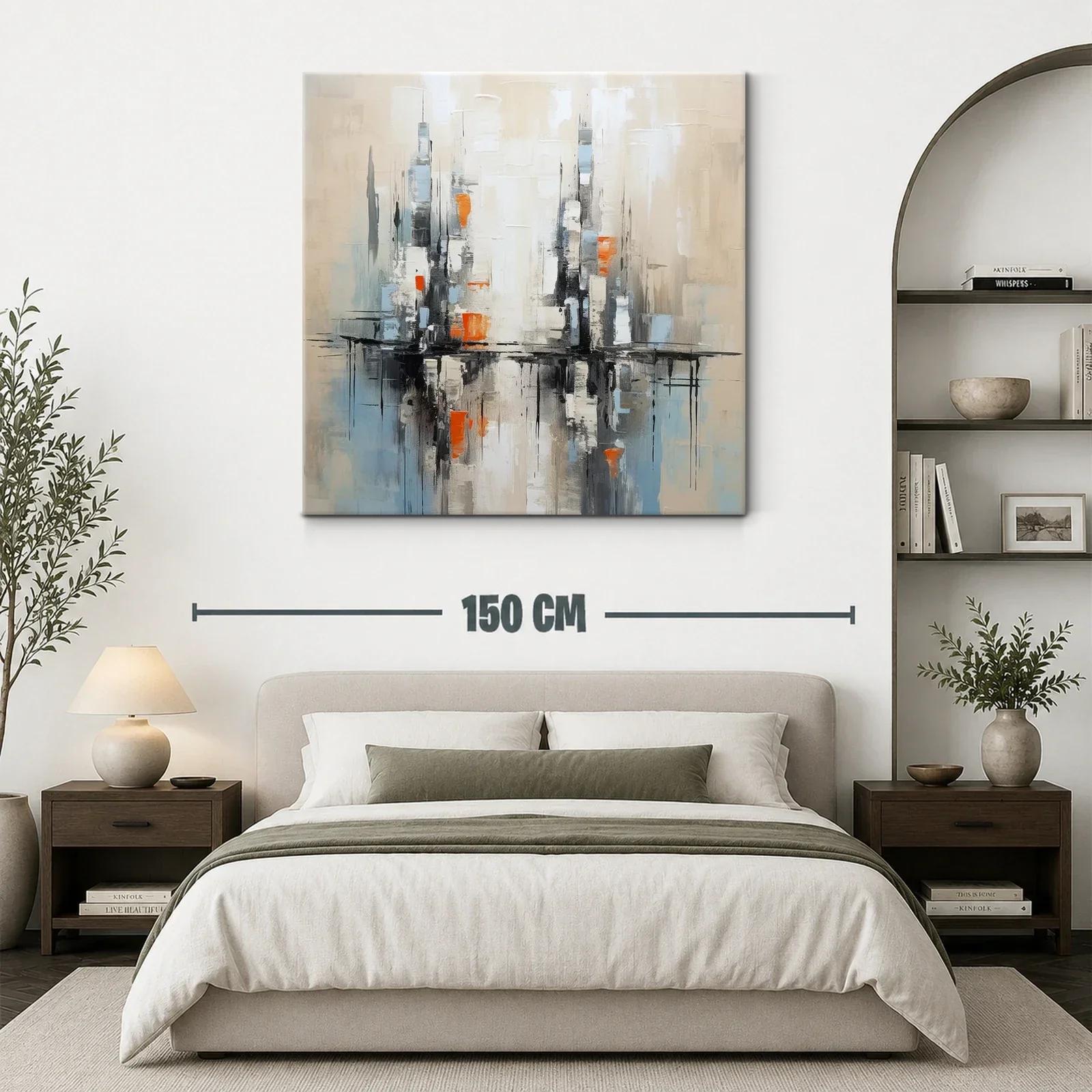 Cuadro abstracto con reflejos urbanos en tonos neutros y naranjas — miniatura 3