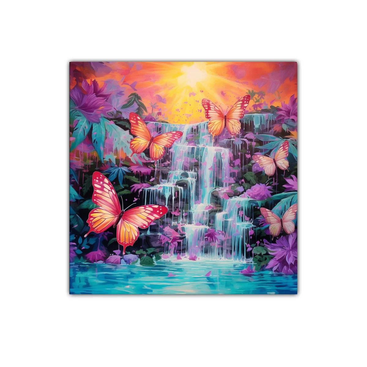 Mariposas vibrantes sobre cascada en paisaje de fantasía