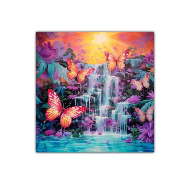 Mariposas vibrantes sobre cascada en paisaje de fantasía