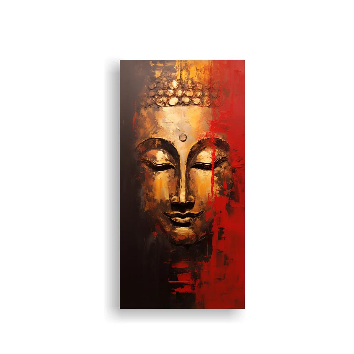Cuadro rostro de Buda con dorados y fondo rojo