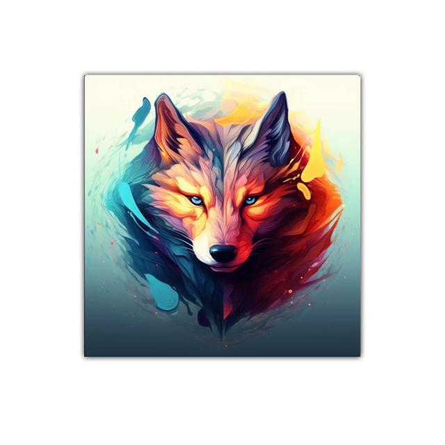 Retrato vibrante de lobo con contraste de fuego y hielo