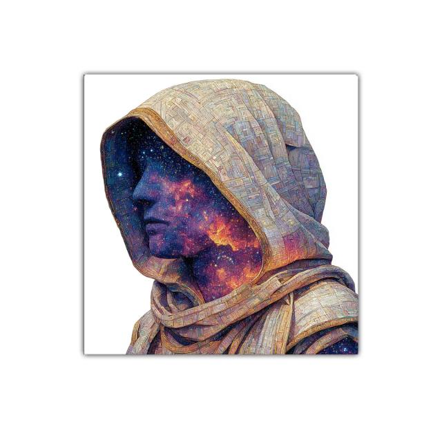 Retrato cósmico de figura con capucha y galaxias interiores