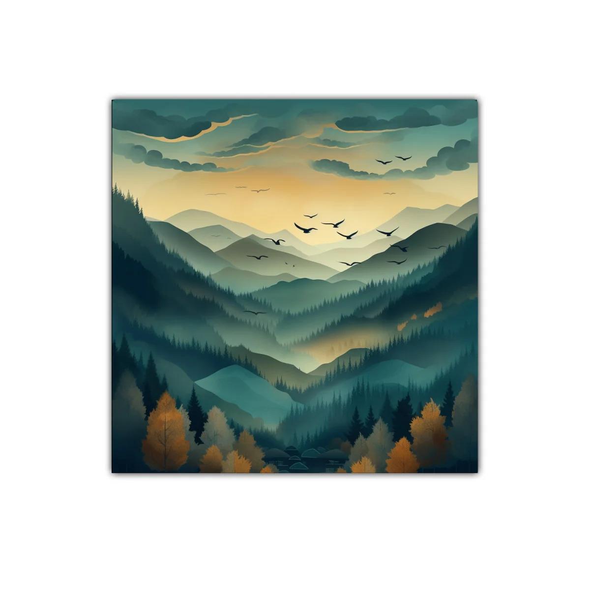 Paisaje de montañas nebulosas al amanecer con aves en vuelo — imagen principal