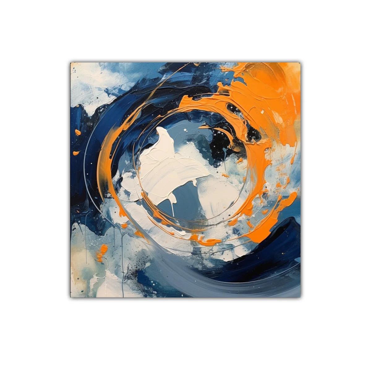 Cuadro abstracto con vibrantes tonos naranjas y azules dinámicos