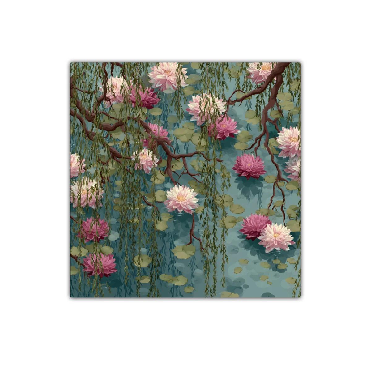 Cuadro con flores de loto y ramas en tonos suaves