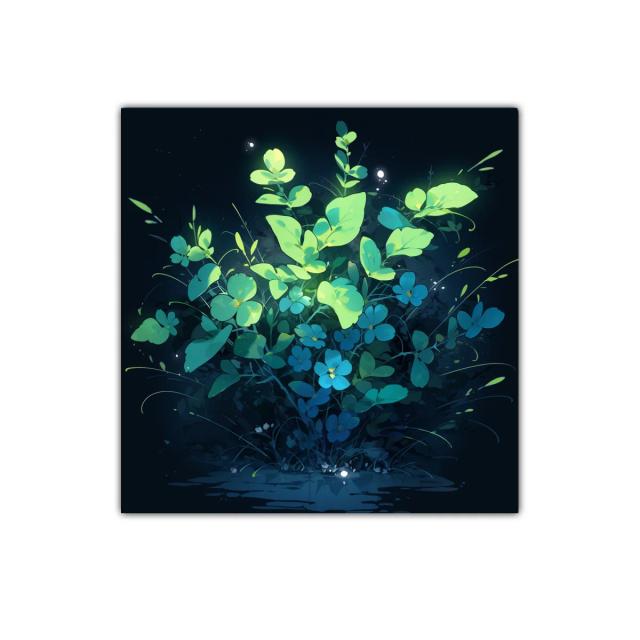 Ramo luminoso de flores y hojas verdes sobre fondo oscuro