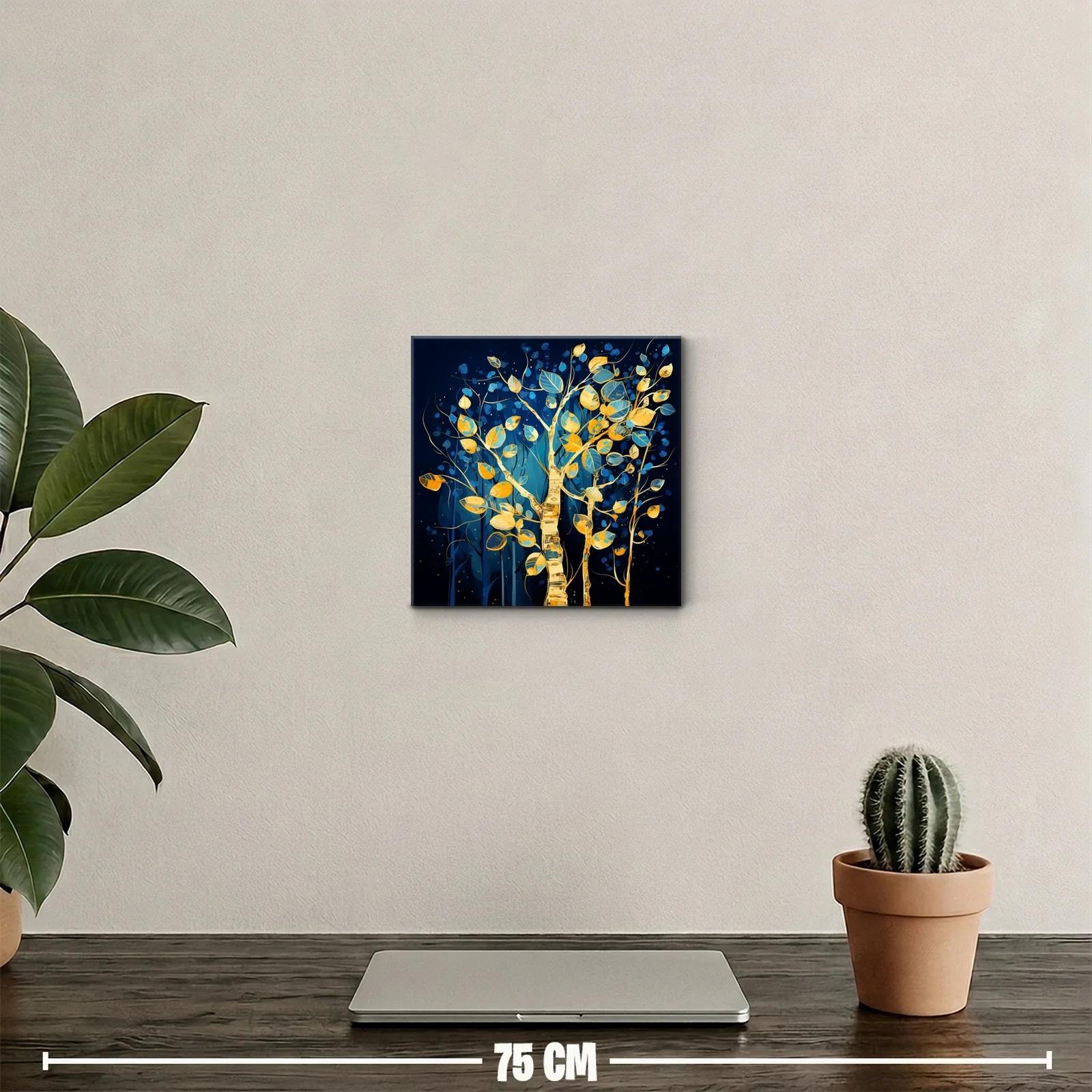 Árbol dorado con hojas azules y amarillas sobre fondo oscuro — miniatura 2