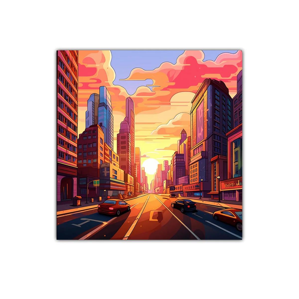 Atardecer vibrante en bulliciosa avenida urbana