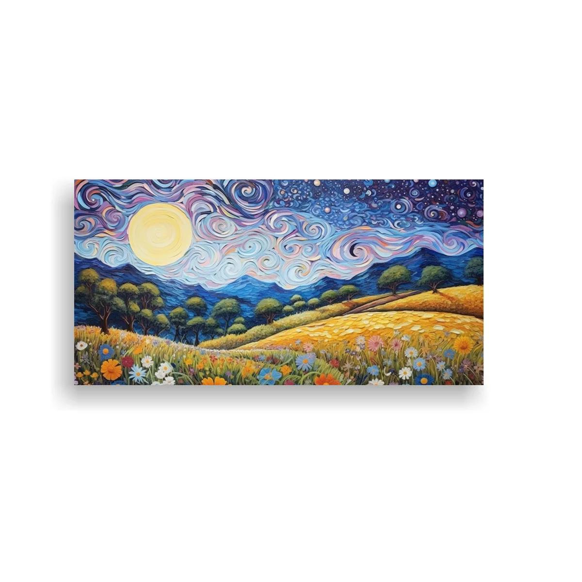 Cuadro paisaje nocturno con luna llena y flores multicolor
