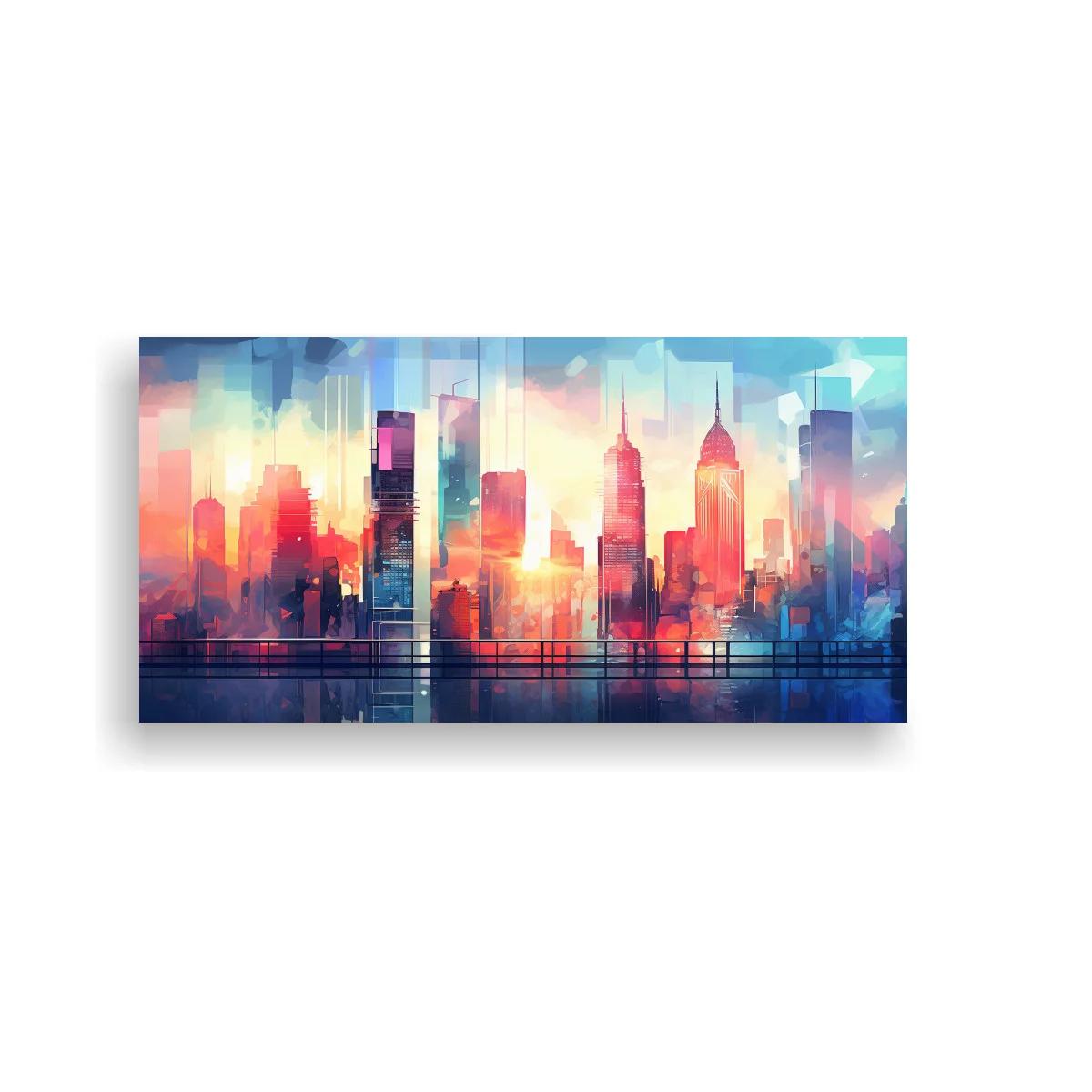 Cuadro skyline urbano con reflejos y cielo luminoso — imagen principal