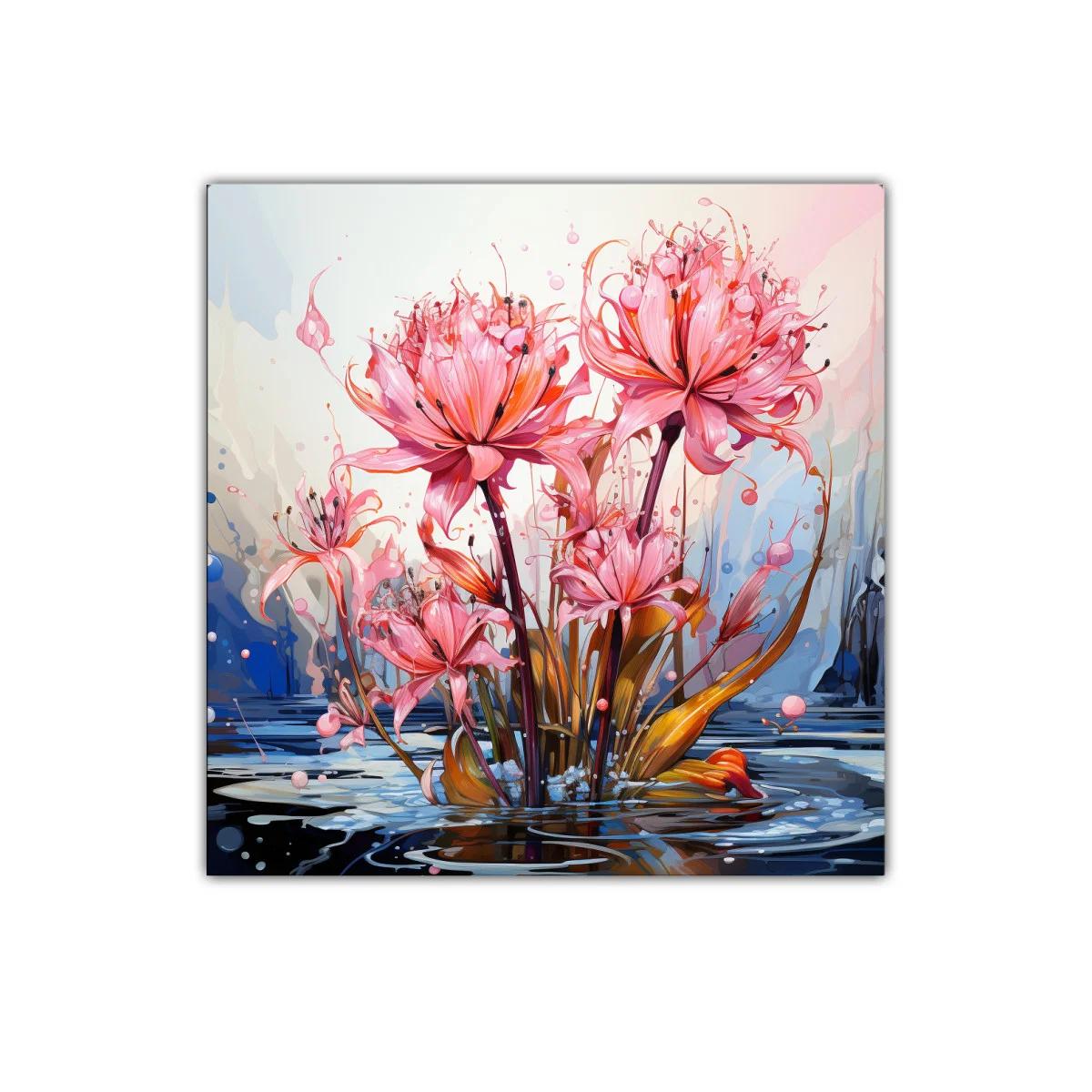 Flores exuberantes en tonos rosa sobre agua reflejada — imagen principal